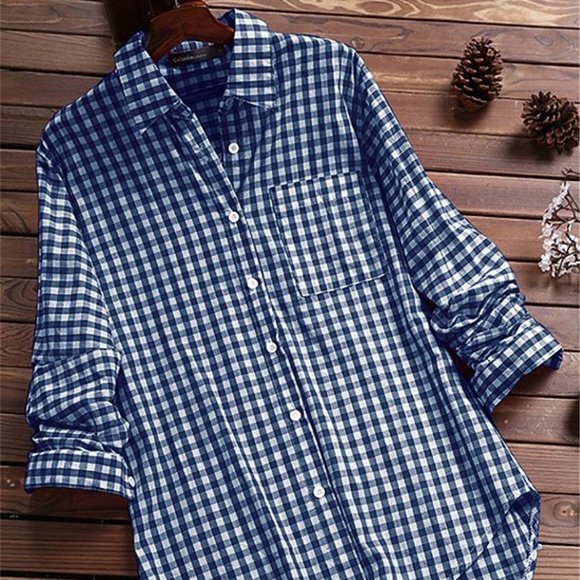 Tops - Navy Gingham Hi-Low Front-Pocket Button-Up - Size XXL